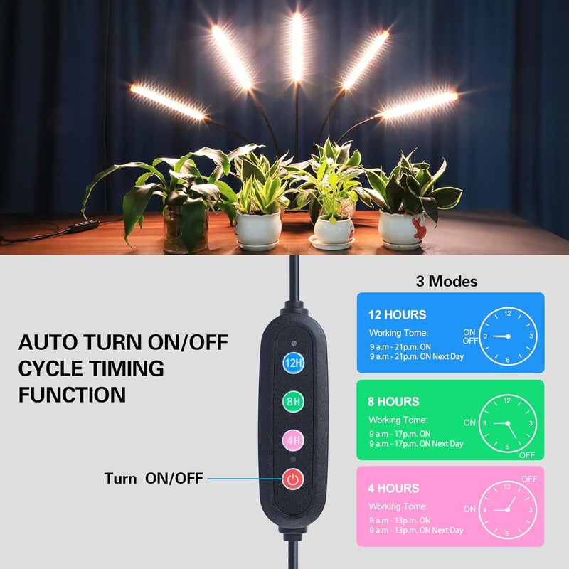 FECiDA GameChanger! 45W, NOT 15W, 5Head Strong Clip Grow Lights for Indoor Plants with Timer, Best Gift for Plants Lover, LED Plant Growing Lamp for Houseplants, Bonsai, Seed Starting, Seedlings, VEG, Flower - Image 5